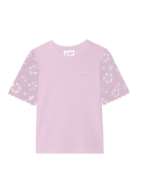 t-shirt donna con maniche in sangallo rosa